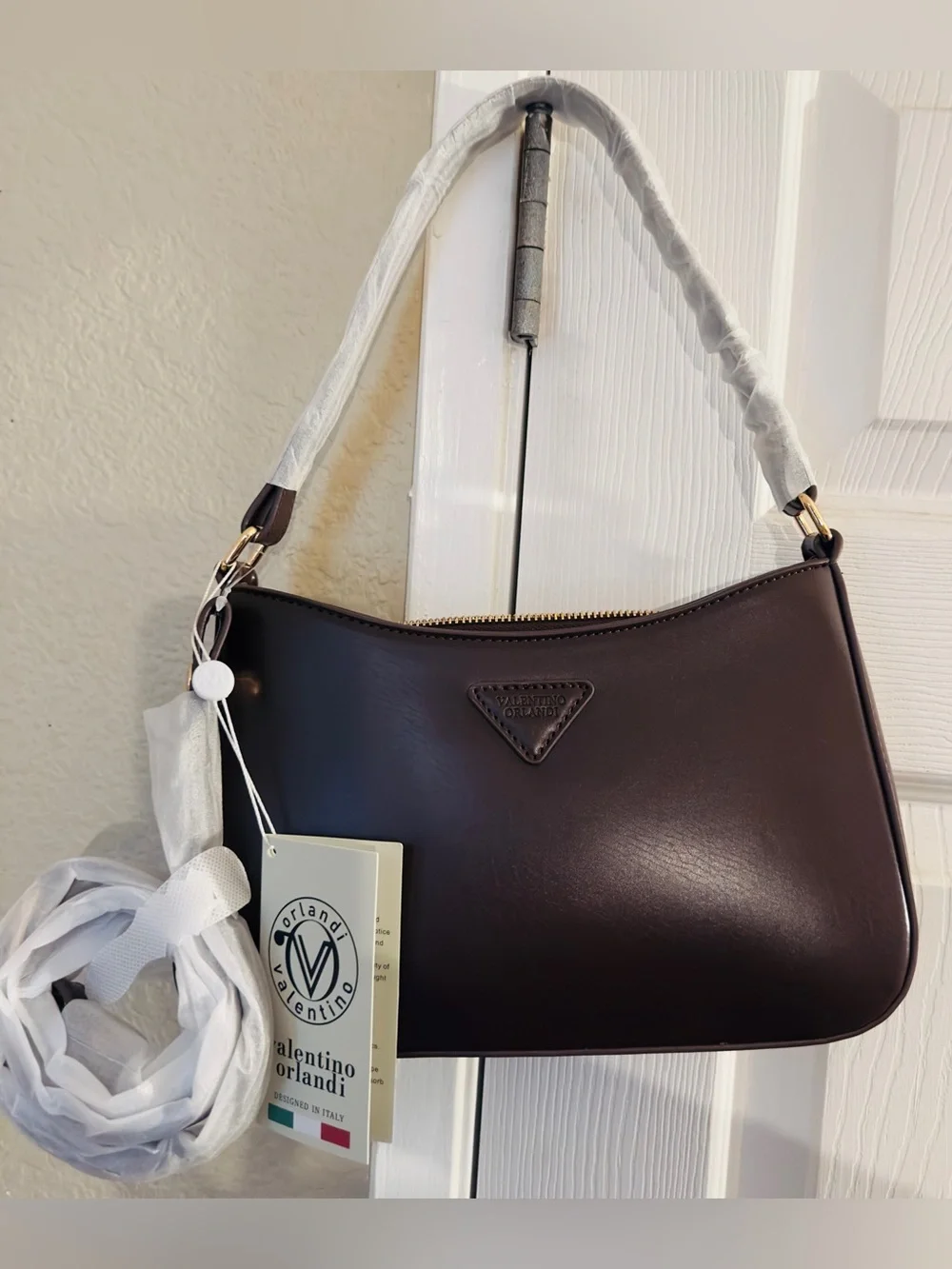 Valentino Orlandi Dark Brown Vegan Leather Shoulder Bag with Gold-Tone Hardware